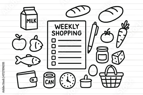 Weekly Shopping Sketch. Hand-drawn doodle illustration Weekly shopping checklist [notepad, pen, apple, milk carton, loaf of bread, fish, carrot, tomato, jar,