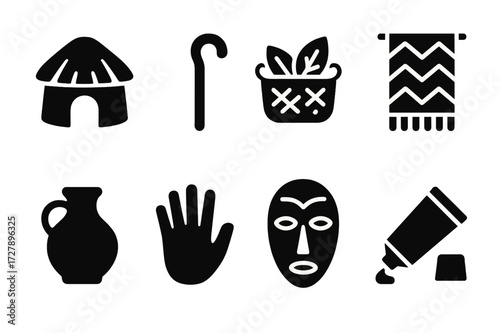 Village Healer Icons. Solid, filled icon set of village healer: hut, walking stick, herb basket, woven cloth, water pot, handprint symbol, ancestor mask, tree
