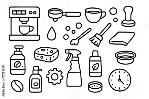 Espresso Machine Care Icons. Hand-drawn doodle illustration Espresso machine care espresso machine, portafilter, cup, tamper, droplet, sponge, bubbles, brush,