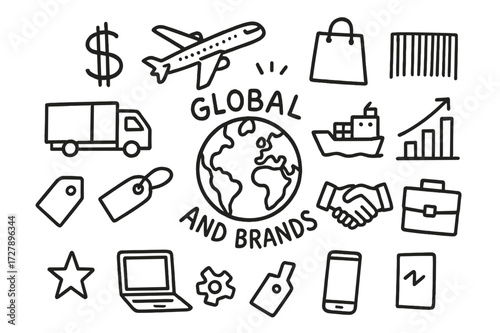 Global Economy Doodles. Hand-drawn doodle illustration Global Economy and Brands [globe, dollar sign, airplane, cargo ship, shopping bag, barcode, delivery