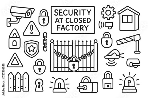 Factory Security Icons. Hand-drawn doodle illustration [Security at closed factory] [camera, padlock, gate, badge icon, warning sign, motion sensor, barrier