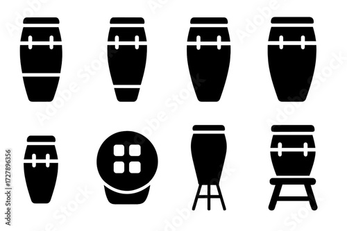 Conga Drum Icon Set. Solid, filled icon set of conga drum types: tumba, quinto, conga, super tumba, mini conga, electronic conga pad, jazz conga, traditional