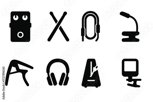 Music Session Icons. Solid, filled icon set of session accessories: guitar pedals, drumsticks, microphone cable, music stand light, capo, headphones,