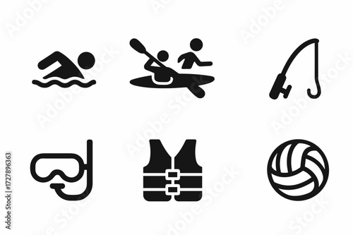Water Activity Icons. Solid, filled icon set of water activities: swimming, kayaking, surfing, fishing rod, diving mask, life jacket, sailboat, water polo