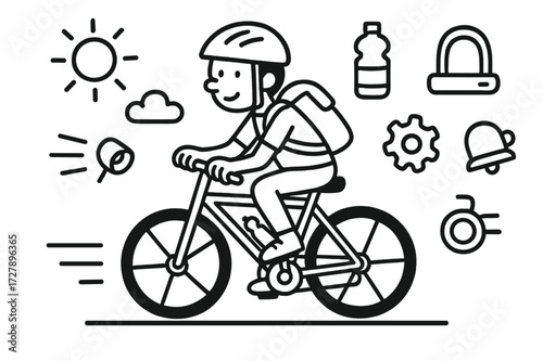 Cyclist Doodle Art. Hand-drawn doodle illustration person on bicycle bicycle, helmet, person riding, pedals, wheels, handlebars, road line, speed lines,