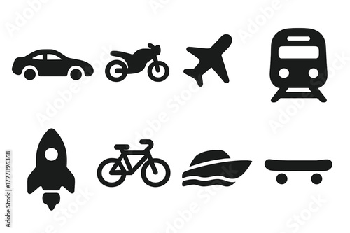 Dynamic Transport Icons. Solid, filled icon set of dynamic vehicles: sports car, motorcycle, airplane, train, rocket, bicycle, speedboat, skateboard. Solid,