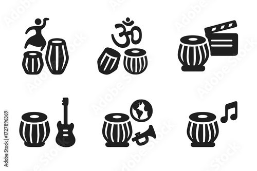 Tabla Music Icons. Solid, filled icon set of tabla cultural styles: classical Indian, folk music, fusion, devotional music, film music, world music, jazz