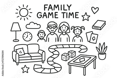 Family Game Night. Hand-drawn doodle illustration Family game time board game, dice, cards, star, heart, sofa, clock, lamp, table, family figures, pillow,