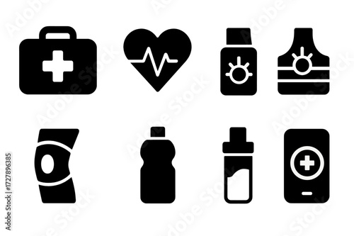 Running Health Icons. Solid, filled icon set of running safety and health: first aid kit, heart monitor, sunscreen, reflective gear, whistle, knee brace,