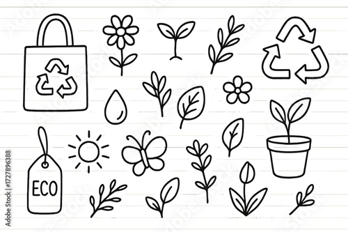 Eco-Friendly Doodle Icons. Hand-drawn doodle illustration Sustainable lifestyle packaging [eco bag, flower, sprout, leaf, herbal branch, recycling symbol,