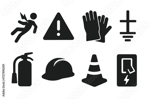 Power Safety Icons. Solid, filled icon set of power safety and hazard: electric shock, warning sign, insulated gloves, grounding rod, fire extinguisher, safety