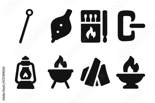 Ceremonial Fire Tool Icons. Solid, filled icon set of ceremonial fire tools: fire poker, bellows, matches, fire striker, lantern, brazier, kindling, fire bowl.