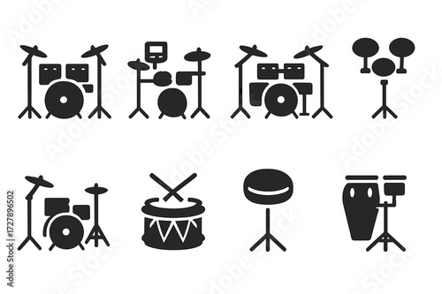 Drum Kit Icon Set. Solid, filled icon set of drummer setup types: acoustic kit, electronic kit, hybrid kit, practice kit, jazz kit, marching drum, drum pad,