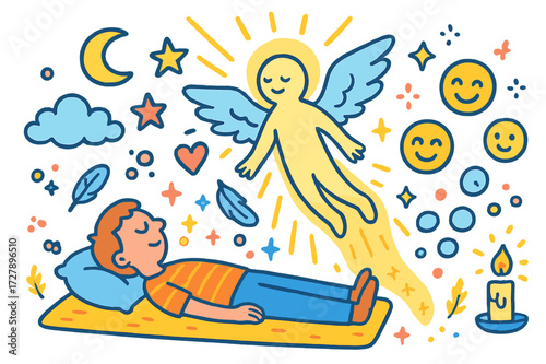 Soul's Journey Art. Soul leaving the body. Colorful Hand-drawn doodle Children illustration Person lying down, glowing spirit, wings, stars, light rays, moon,