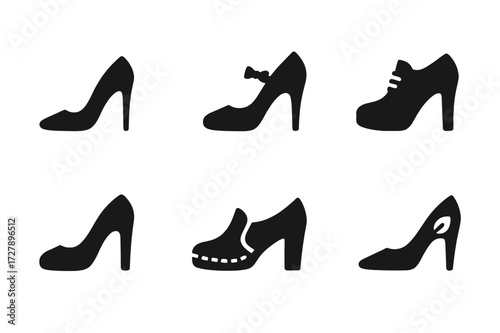 Black Heel Shoe Icons. Solid, filled icon set of heel shoe brands: luxury, designer, vintage, sports, casual, handmade, mass market, eco-friendly. Solid,