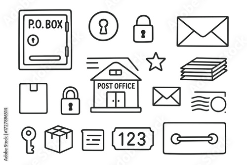 Mailroom Doodle Icons. Hand-drawn doodle illustration PO box door mailbox door, keyhole, small lock, envelope, letter, stamp, package, postmark, post office