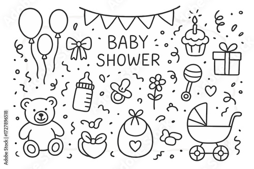 Baby Shower Doodle Icons. Hand-drawn doodle illustration Baby shower party cake, balloons, bow, gift box, teddy bear, bottle, pacifier, rattle, diaper, bib,
