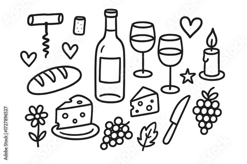 Romantic Wine Doodle. Hand-drawn doodle illustration Romantic wine evening [wine bottle, cork, corkscrew, two glasses, candle, heart, star, bread, cheese
