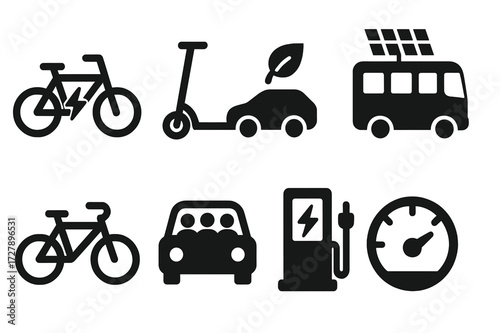 Eco Transport Icons. Solid, filled icon set of eco-friendly transport: electric bike, scooter, hybrid car, solar bus, bicycle, carpool, charging station, fuel