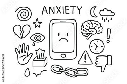 Social Media Anxiety Doodles. Hand-drawn doodle illustration anxiety from social media smartphone, broken heart, spiral, sad face, eye, brain, cloud, moon,