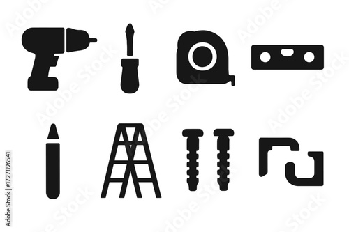 Curtain Tool Icons. Solid, filled icon set of curtain installation tools: drill, screwdriver, measuring tape, level, pencil, ladder, anchors, brackets. Solid,