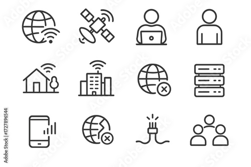 Internet Connectivity Icons. Internet for all. Line icon set of internet for all: globe with Wi-Fi signal, satellite providing internet, person using laptop,