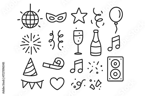 Party Icons Extravaganza. Hand-drawn doodle illustration Dance floor fun disco ball, mask, star, balloon, fireworks, streamers, champagne glass, bottle, party