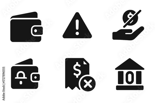 Moneyless State Icons. Solid, filled icon set of moneyless state: empty wallet, no coins, financial alert, zero balance, no cash hand, wallet locked, unpaid