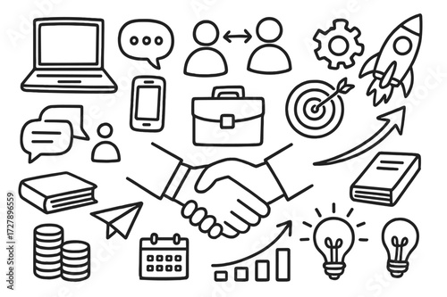 Networking Doodle Icons. Hand-drawn doodle illustration networking and collaboration handshake, people icons, chat bubble, laptop, phone, briefcase, gears,