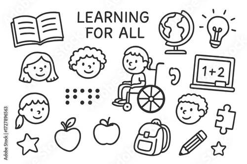 Inclusive Learning Doodles. Hand-drawn doodle illustration Learning for all children open book, globe, magnifying glass, diverse kids, wheelchair, hearing aid,