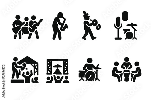 Cymbal Performance Icon Set. Solid, filled icon set of crash cymbal performance settings: rock band, jazz band, marching band, studio recording, live concert,