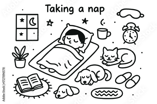 Cozy Nap Icons. Hand-drawn doodle illustration Taking a nap Floor mat, Blanket, Pillow, Cat, Dog, Book, Cup, Plant, Rug, Clock, Eye mask, Slippers, Moon,
