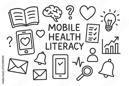 Mobile Health Icons. Hand-drawn doodle illustration [mobile health literacy] [mobile phone, book, brain, heart, question mark, health app icon, checklist,