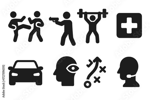 Bodyguard Skills Icons. Solid, filled icon set of bodyguard training: martial arts, firearms training, fitness, first aid, driving skills,