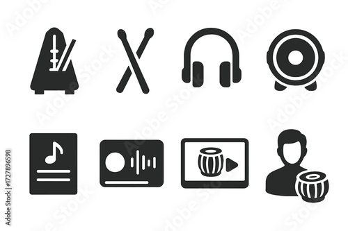Tabla Practice Icons. Solid, filled icon set of tabla practice and rehearsal: metronome, drumsticks, headphones, practice pad, music sheet, recording session,