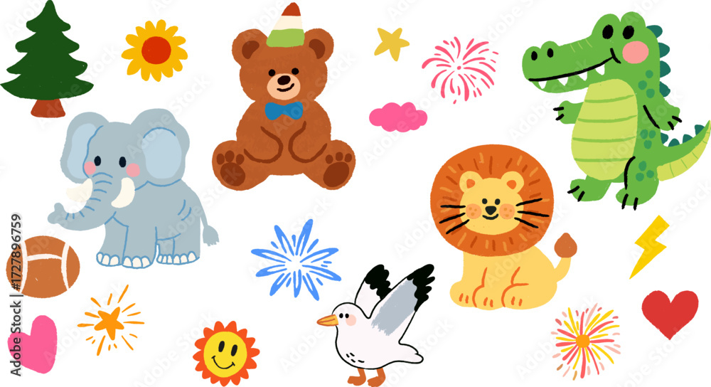 Naklejka premium Hand-painted flat animal illustrations, elephant, lion, crocodile, bear, fireworks, star hand-painted illustrations