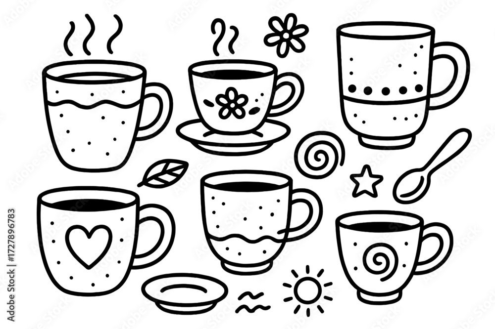 Obraz premium Pottery Mug Doodle. Hand-drawn doodle illustration Pottery mugs and cups [coffee mug, tea cup, handle, spoon, steam lines, clay texture, small plate,