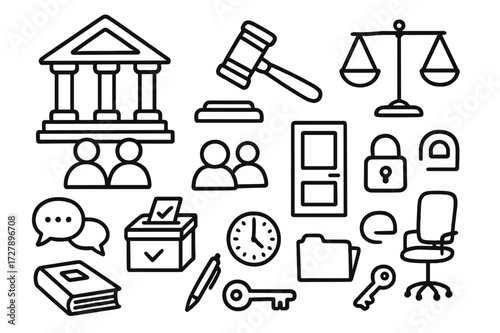 Legal Symbols Doodle. Hand-drawn doodle illustration Legal decision making courthouse building, gavel, scales of justice, closed door, lock, ballot box, people