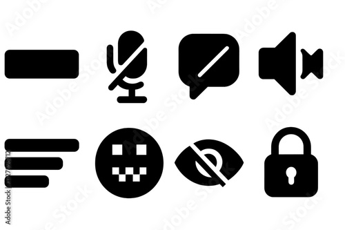 Censorship Icons Set. Solid, filled icon set of censorship tools: censor bar, mute microphone, crossed speech bubble, no sound icon, blacked-out