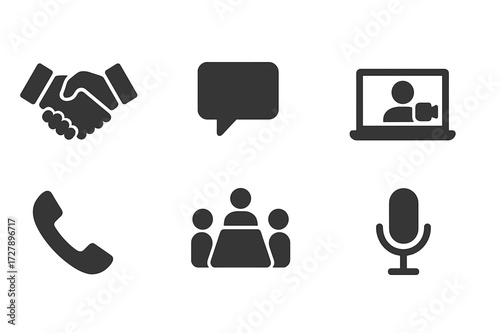 Advisor Communication Icons. Solid, filled icon set of advisor communication: handshake, speech bubble, video call, email, phone call, chat bubble, meeting