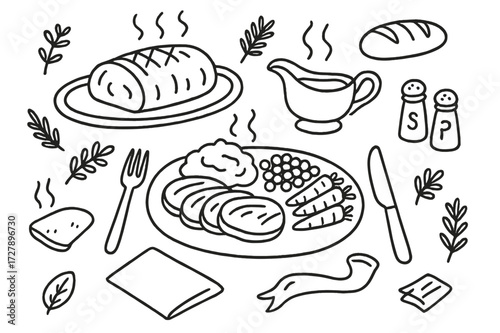 Roast Dinner Doodle. Hand-drawn doodle illustration Roast dinner table roast beef, mashed potatoes, carrots, peas, gravy boat, plate, fork, knife, serving