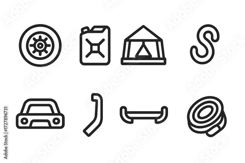 Jeep Accessories Icons. Outline icon set of jeep accessories: spare tire, jerry can, rooftop tent, tow hook, bull bar, snorkel, side steps, recovery strap.