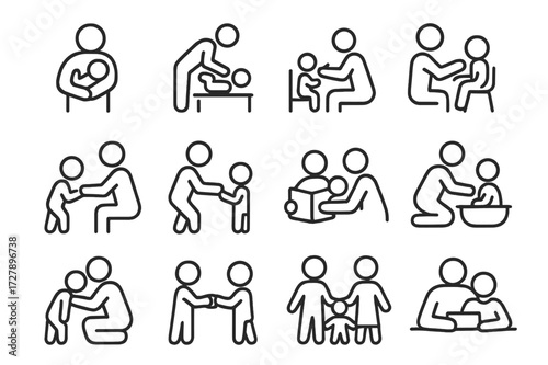 Parenting Support Icons. Parenting support. Line icon set of parenting support: holding baby, diaper change together, feeding child, playing together, teaching