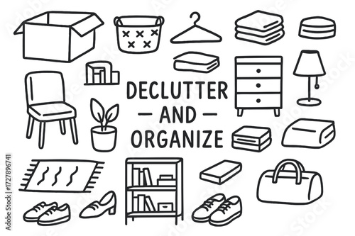 Declutter Doodle Icons. Hand-drawn doodle illustration Declutter and organize [box, basket, drawer, hanger, folded clothes, bookshelf, chair, plant, book,