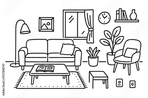 Minimalist Apartment Doodle. Hand-drawn doodle illustration [minimalist city apartment living room] [sofa, floor lamp, coffee table, framed picture, plant,