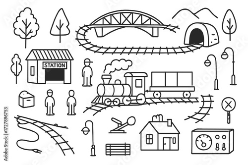 Miniature Train World. Hand-drawn doodle illustration [model train setup] miniature train, tracks, station, tunnel, trees, street lamps, figurines, cargo box,