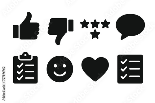 Feedback Icon Collection. Solid, filled icon set of menu customer feedback: thumbs up, thumbs down, star rating, comment bubble, survey form, smiley face,