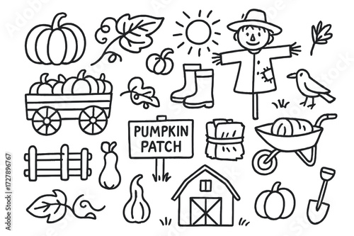 Pumpkin Patch Icons. Hand-drawn doodle illustration [Pumpkin patch] [pumpkin, leaf, vine, wagon, boots, scarecrow, hay bale, crow, wheelbarrow, fence, gourd,