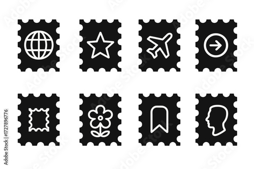 Postal Stamp Icons. Solid, filled icon set of postal stamps: international, commemorative, airmail, priority, express, collector?s, special edition,