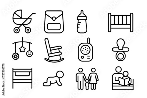 Parenthood Icons Collection. Parenthood. Line icon set of parenthood: baby stroller, diaper bag, feeding bottle, cradle, baby toy, rocking chair, baby monitor,
